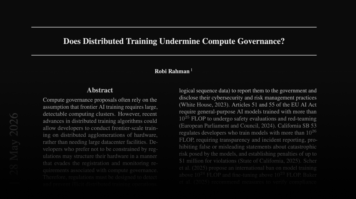 First page of Robi Rahman's paper Does Distributed Training Undermine Compute Governance?